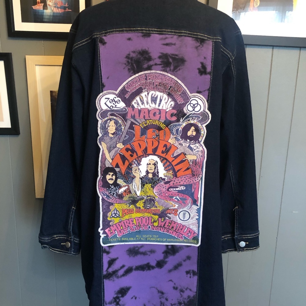 Led Zeppelin Up-Cycled Long Line Denim Jacket Women’s Size 2X